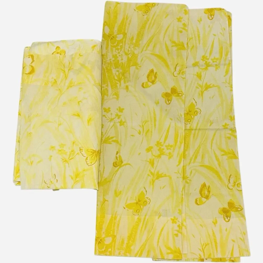VTG Sears Full Sz Flat Sheet 2 Pillowcase Perma Prest Percale Yellow Grannycore